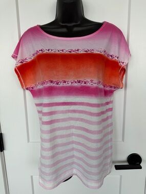 RALPH LAUREN WOMANS COLORFUL SPRING STRIPED  SHORT SLEEVE TEE. size large